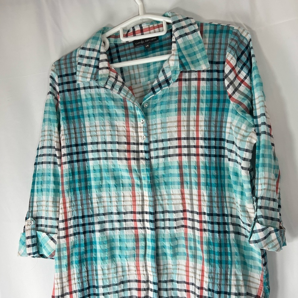 Classic Edition Women’s‎ Plaid Button-Up Shirt L/G - Teal, Coral and Check Patte